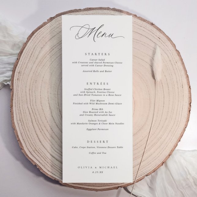 Elegantes Typografy Black & White Wedding Dinner Menükarte (Elegant wedding dinner menu cards. Modern romantic typography / calligraphy. Centered text.)