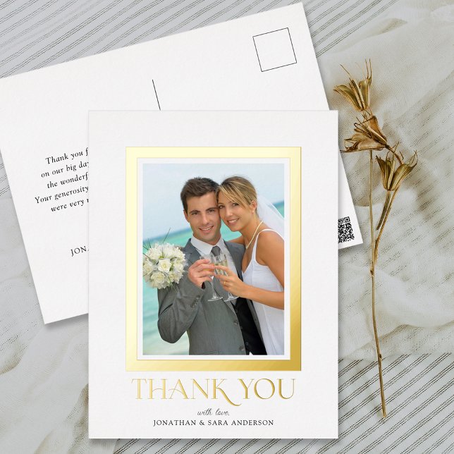 Elegantes Typografy Foto Wedding Danke Gold für Ih Folie Einladungspostkarte (Von Creator hochgeladen)