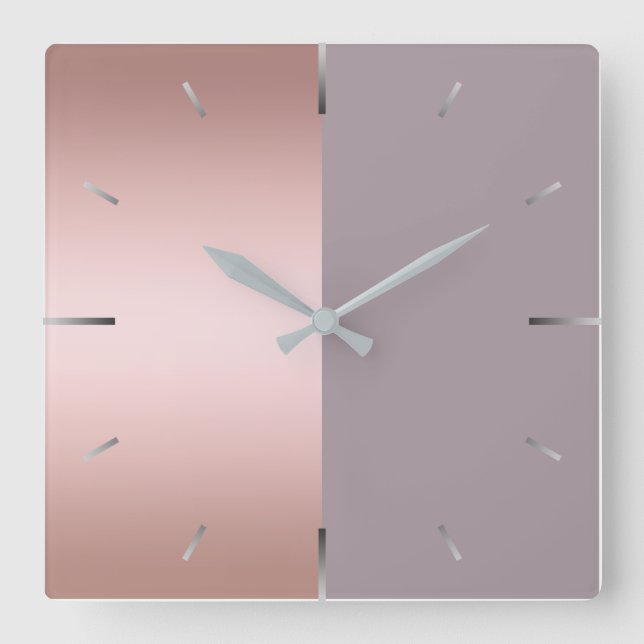 Elegantes u. minimales Rosengold u. lila Farbblock Quadratische Wanduhr (Vorderseite)