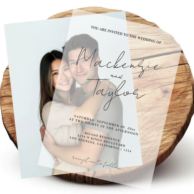 Elegantes und einfaches Minimalistisches Skript (Elegant and Simple Minimalist Script Vellum Invitations by Ricaso. photo overlay wedding invites)