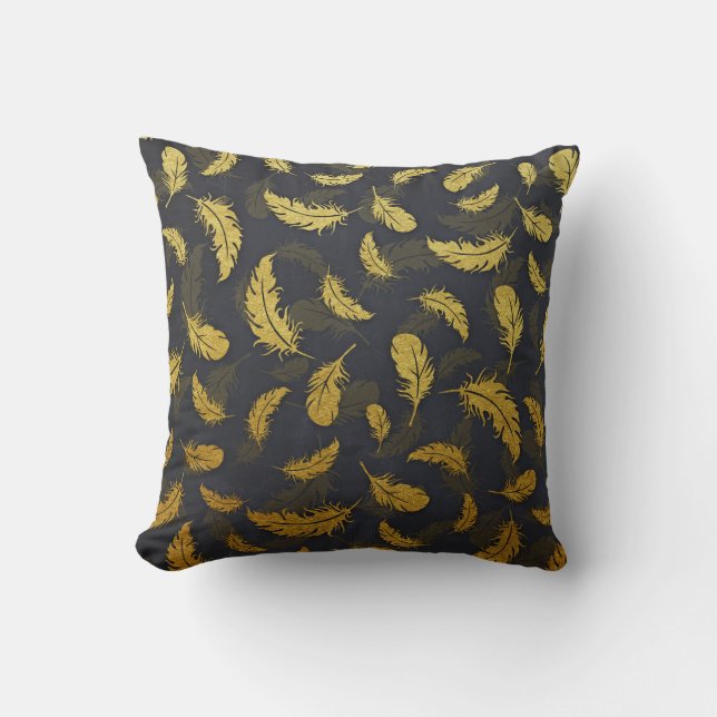 Elegantes und elegantes Schwarz-Gold-Feather-Muste Kissen (Vorderseite)