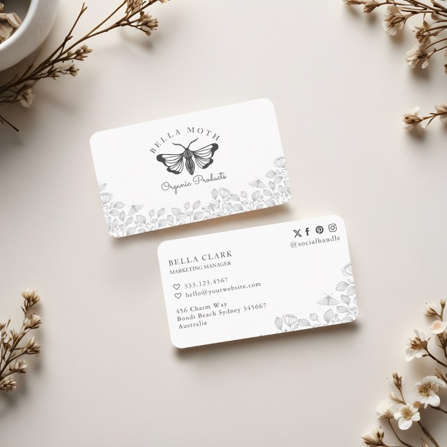 Elegantes und elegantes Schwarz-Weiß-Florals & Mot Visitenkarte (Elegant & Chic Black & White Florals & Moth Logo Business Card)