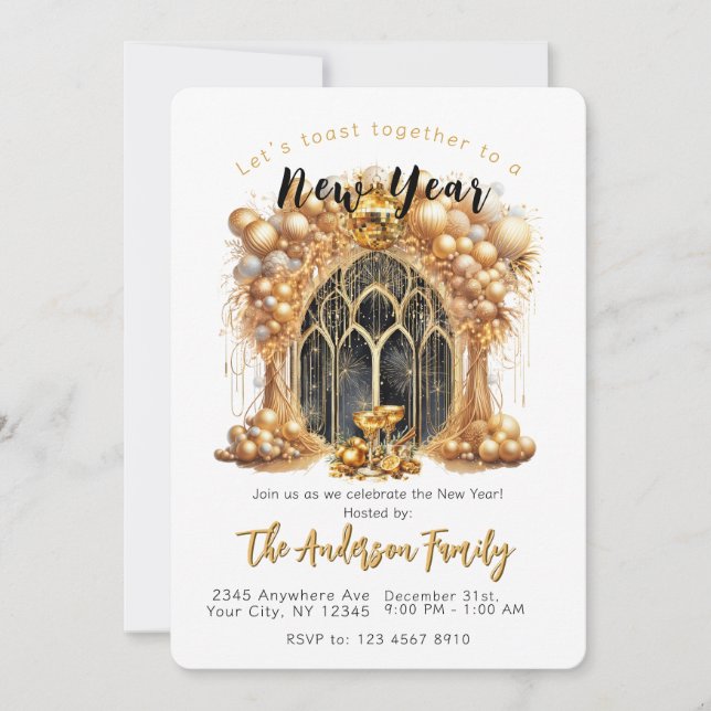 Elegantes und Gold Silvester Party Einladung (Vorderseite)