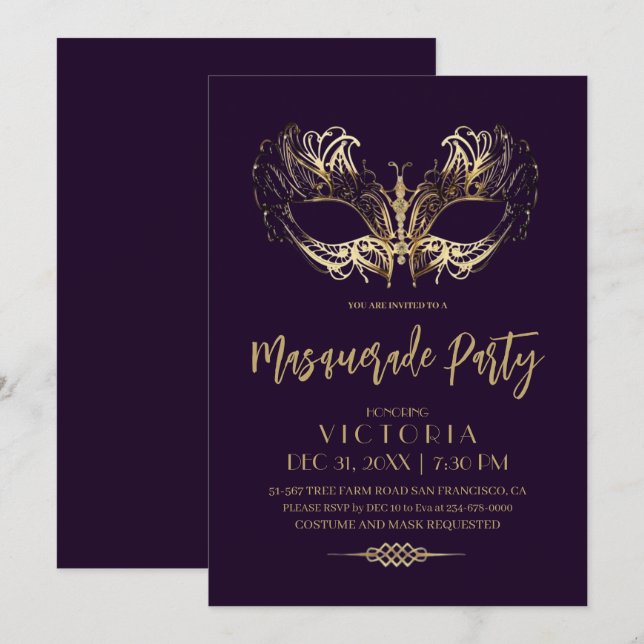 Elegantes und modernes Goldmasquerade Party Geburt Einladung (Vorne/Hinten)