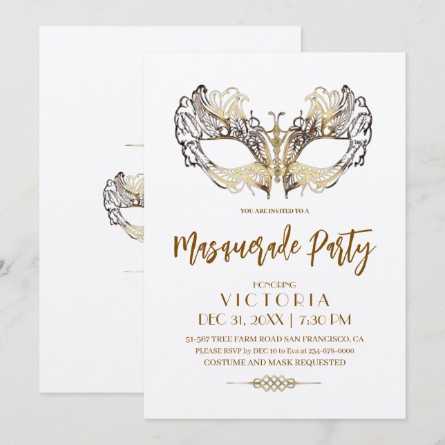 Elegantes und modernes Goldmasquerade Party Geburt Einladung (Vorne/Hinten)