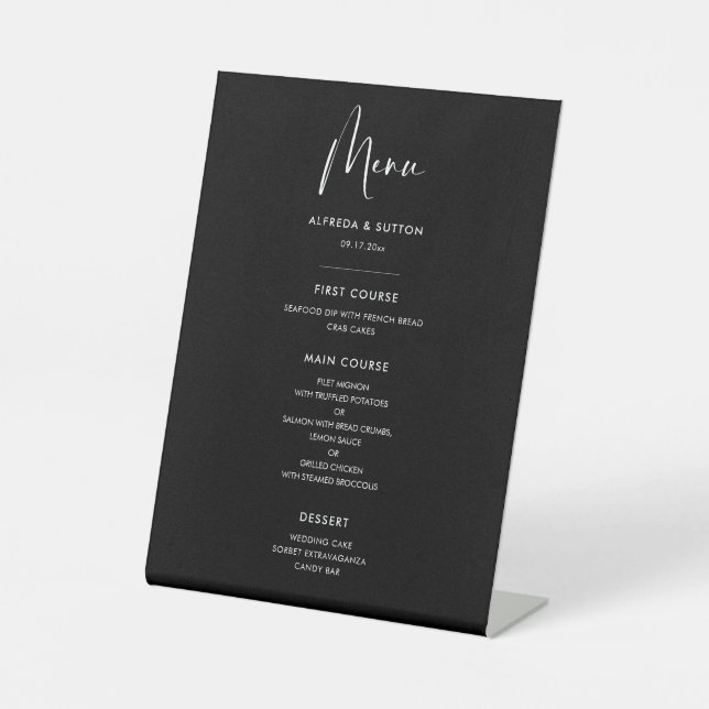 Elegantes und modernes schwarzes Hochzeitsmenü Sockelschild (Vorderseite)