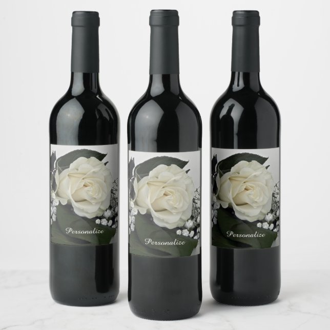 Elegantes und romantisches Weißes Rosenpersonalize Weinetikett (Flaschen)