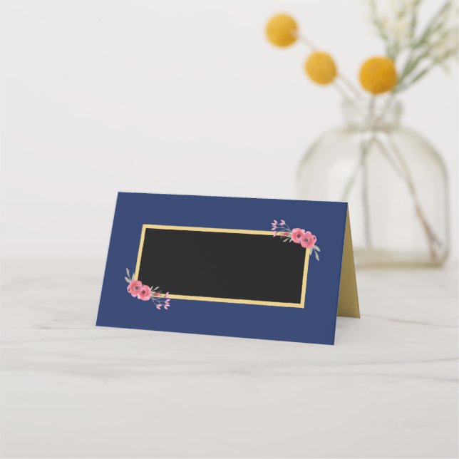 Elegantes und schicke Blau mit Aquarellfarben-Blum Platzkarte (Vorderseite)