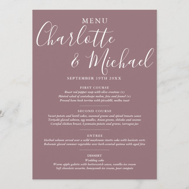 Elegantes Unterschrift-Menü für Hochzeiten Menükarte (Vorderseite)