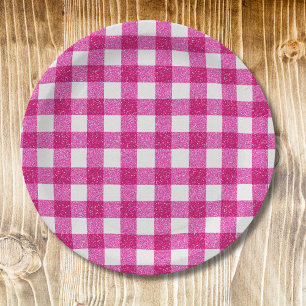 Elegantes Valentinsrosa-Glitter-Tartan auf Weiß Pappteller