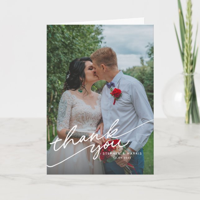 Elegantes Vellum Black & White Overlay Foto Hochze Dankeskarte (Vorderseite)
