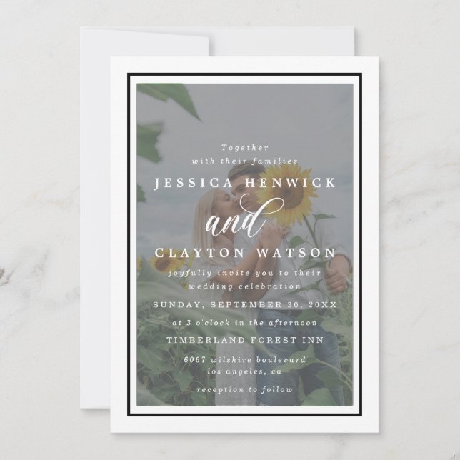 Elegantes Vellum Black & White Overlay Foto Hochze Einladung (Vorderseite)