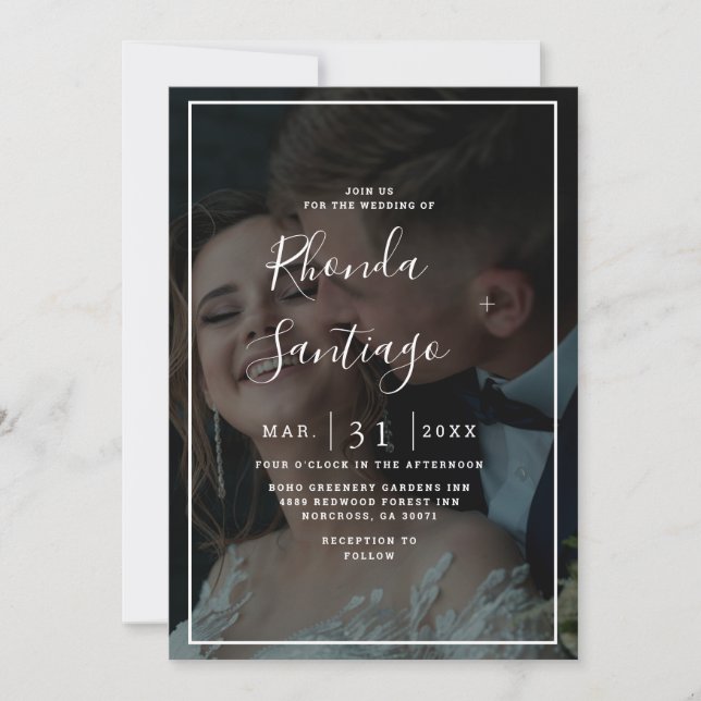 Elegantes Vellum Black & White Overlay Foto Hochze Einladung (Vorderseite)