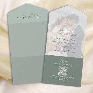 Elegantes Vellum-Foto-Overlay Grün   QR-Code-RSVP All In One Einladung