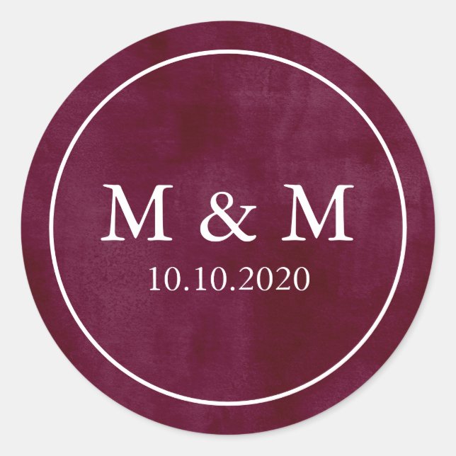 Elegantes Velvety Burgundy Wedding Classic Monogra Runder Aufkleber (Vorderseite)