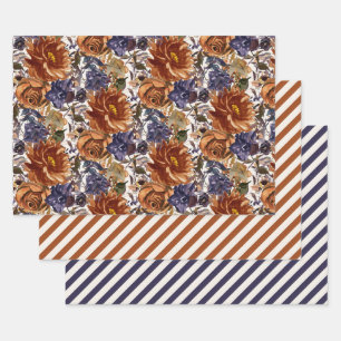 Elegantes verbranntes Orange Navy Blau Herbst Blum Geschenkpapier Set