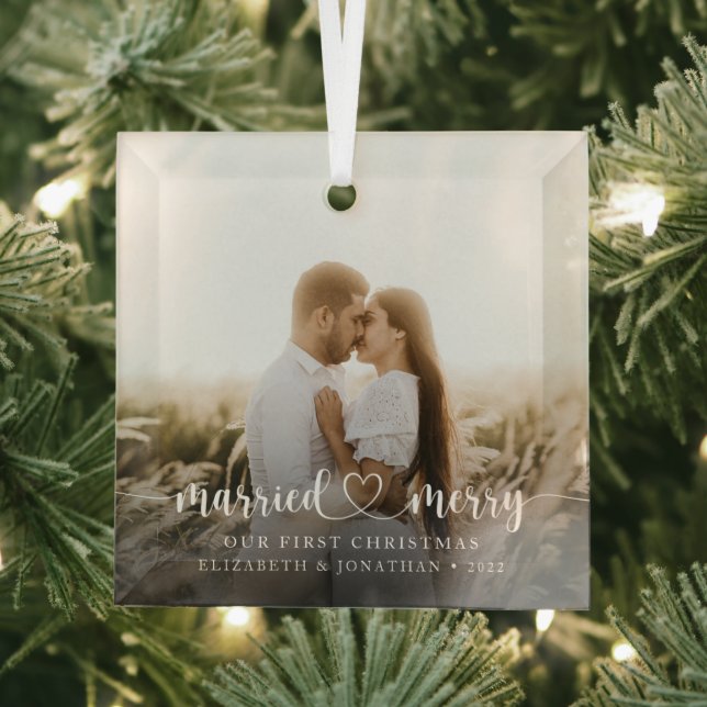 Elegantes Verheiratetes und Merry Script-Foto Ornament Aus Glas (Insitu)