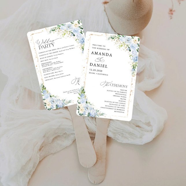 Elegantes verstaubtes blaues Blumenhochzeitsprogra Fächer (Von Creator hochgeladen)