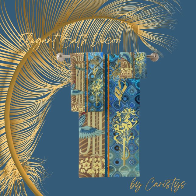 Elegantes Verziertes Blau, Gold, Taupe Handtuch Badhandtuch Set (Elegant one-of-a-kind bath decor. )