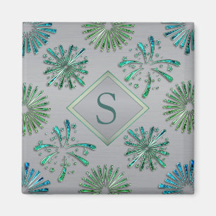 Elegantes, verziertes blau-grünes Muster Monogramm Magnet