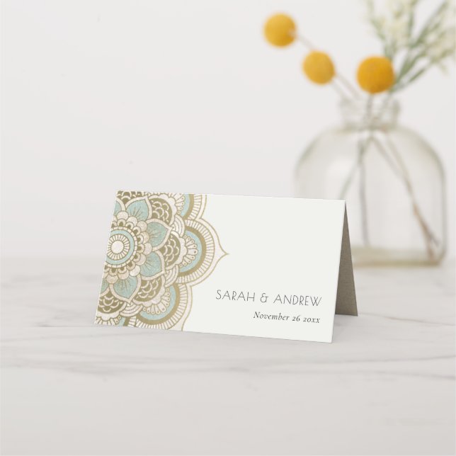 Elegantes Verziertes Gold Aquamarin Türkis Mandala Platzkarte (Vorderseite)