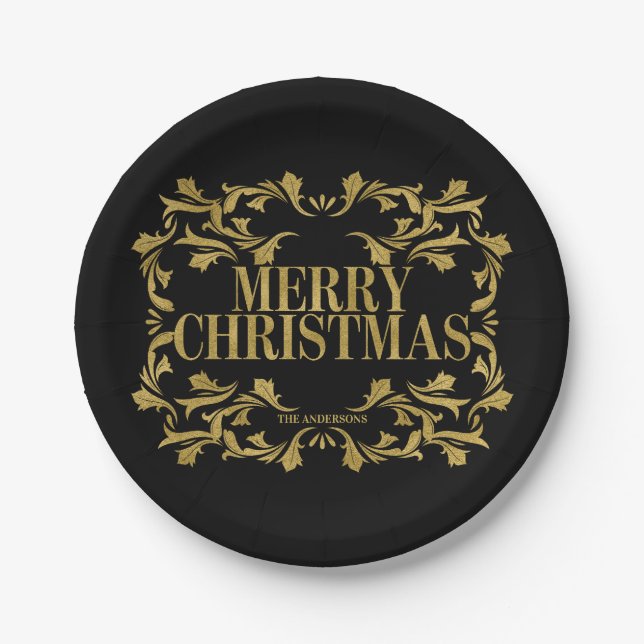Elegantes Verziertes Gold Frohe Weihnachtsscheibe Pappteller (Vorderseite)