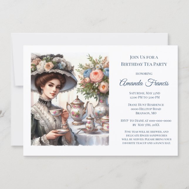 Elegantes Viktorianisches Birthday Tea Party Einladung (Vorderseite)