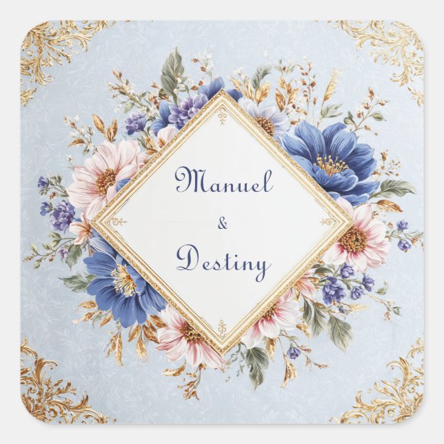 Elegantes Viktorianisches Blau- und Goldfloraldesi Quadratischer Aufkleber (Vorderseite)