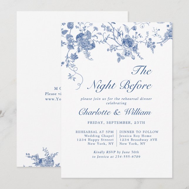 Elegantes Viktorianisches Blue Floral Probe Abende Einladung (Vorne/Hinten)