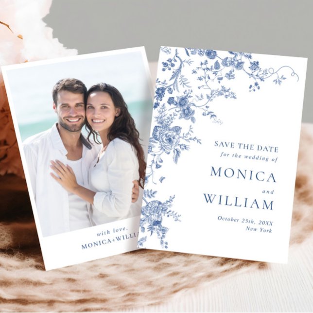 Elegantes Viktorianisches Blue French Floral Weddi Save The Date (Von Creator hochgeladen)