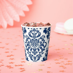 Elegantes viktorianisches Damast-Blumenmuster Navy Pappbecher