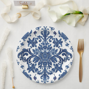 Elegantes viktorianisches Damast-Blumenmuster Navy Pappteller