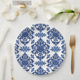 Elegantes viktorianisches Damast-Blumenmuster Navy Pappteller