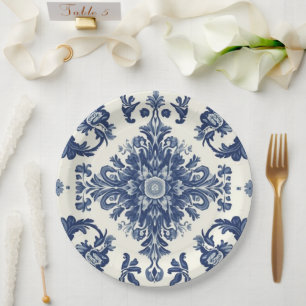 Elegantes viktorianisches Damast-Blumenmuster Navy Pappteller