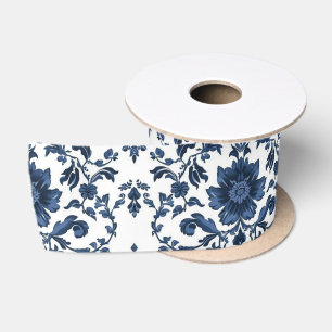 Elegantes viktorianisches Damast-Blumenmuster Navy Satinband