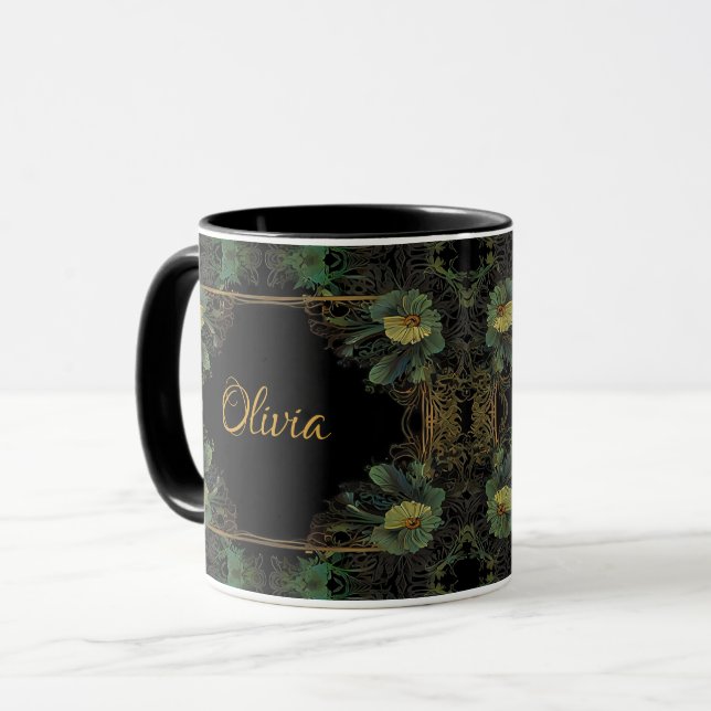 Elegantes viktorianisches, dunkelgrünes Goldgold b Tasse (Vorderseite Links)