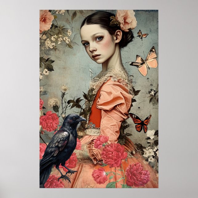 Elegantes Viktorianisches Gotisches Girl Floral &  Poster (Vorne)