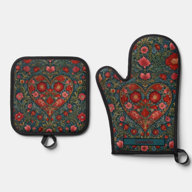 Elegantes Viktorianisches Herzdesign im Valentinst Ofenhandschuh & Topflappen-Set (Vorderseite)