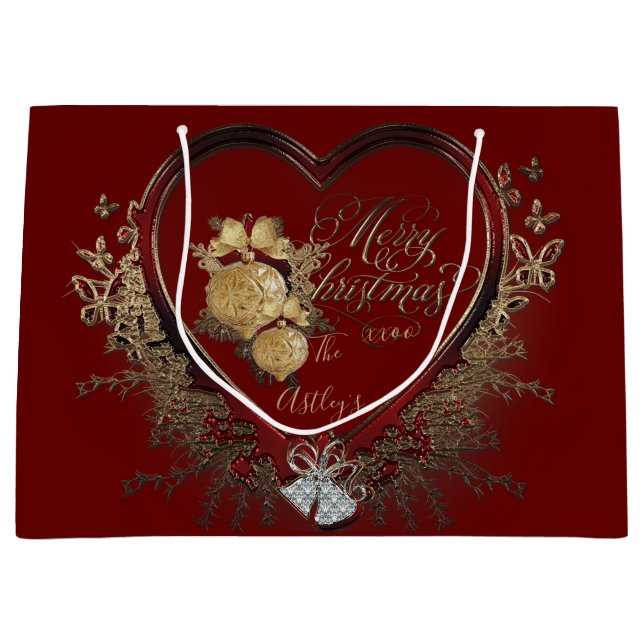 Elegantes Viktorianisches Rot-Gold-Herz-Design Große Geschenktüte (Vorderseite)