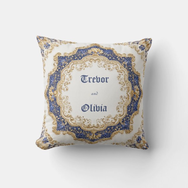 Elegantes Viktorianisches Royal Blue and Gold Baro Kissen (Vorderseite)