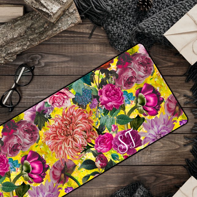 Elegantes Vintag-gelbes florales Monogramm Schreibtischunterlage (Von Creator hochgeladen)