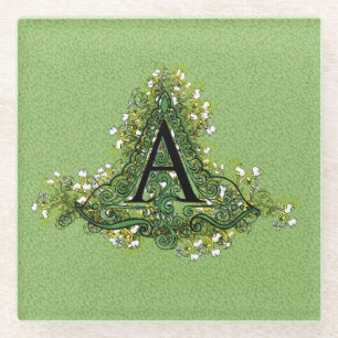 Elegantes Vintag grünes Blumenmuster Initial A Mon Glasuntersetzer