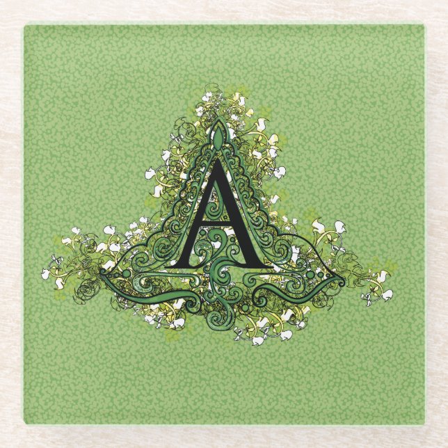 Elegantes Vintag grünes Blumenmuster Initial A Mon Glasuntersetzer (Vorderseite)