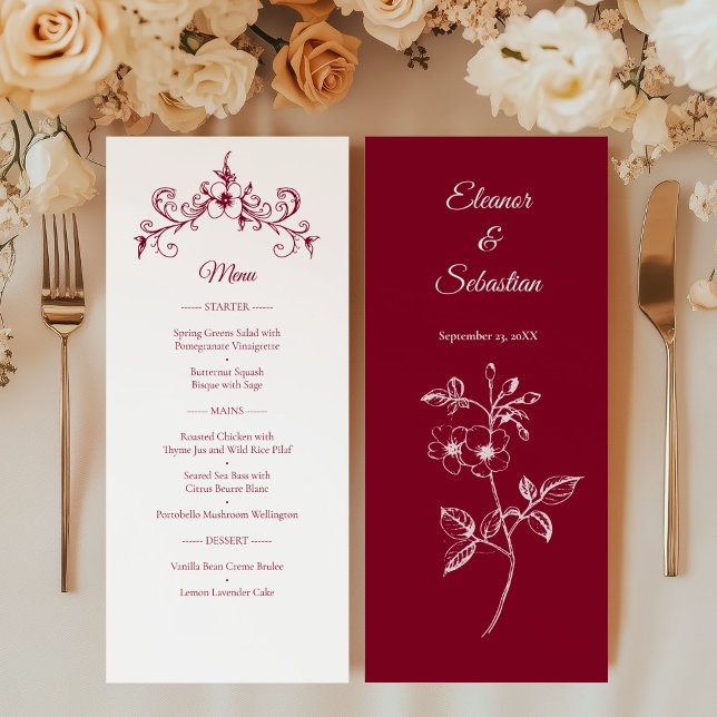 Elegantes Vintag Romance Burgundy Wedding Menu Programm (Von Creator hochgeladen)
