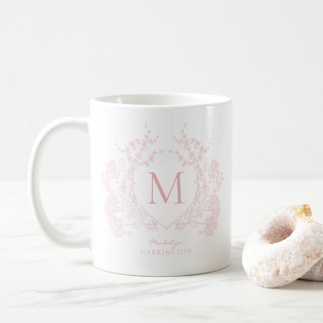 Elegantes Vintag-Rosa-Wappen-Monogramm Kaffeetasse (Mit Donut)