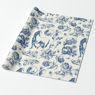Elegantes Vintage-Blau-Toile-Pferd-Blumenmuster Geschenkpapier