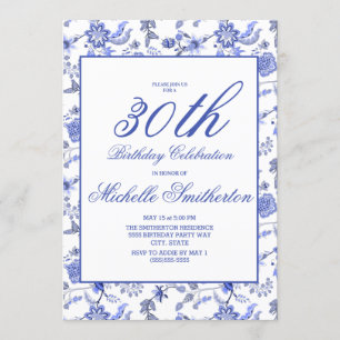 Elegantes Vintage-Blaues-Blumen-30. Geburtstag Fra Einladung
