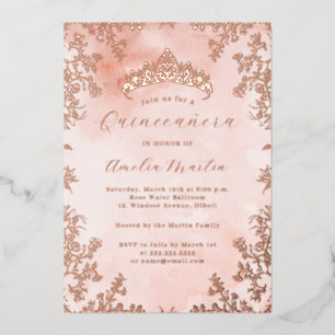 Elegantes Vintage-Blumen-Roségold-Quinceanera Folieneinladung