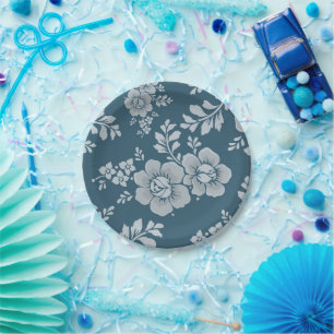 Elegantes Vintage-Blumenmuster in Blau Pappteller