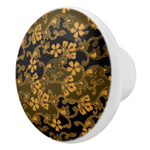 Elegantes Vintage-Blumenmuster   Schwarz & Gold Keramikknauf
